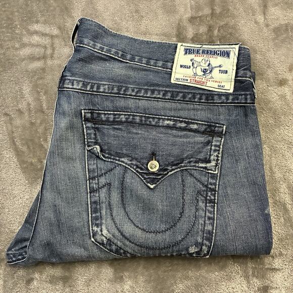 True Religion Jeans Mens 42 Blue Straight Diamond Button World Tour Denim Boot - Picture 1 of 14